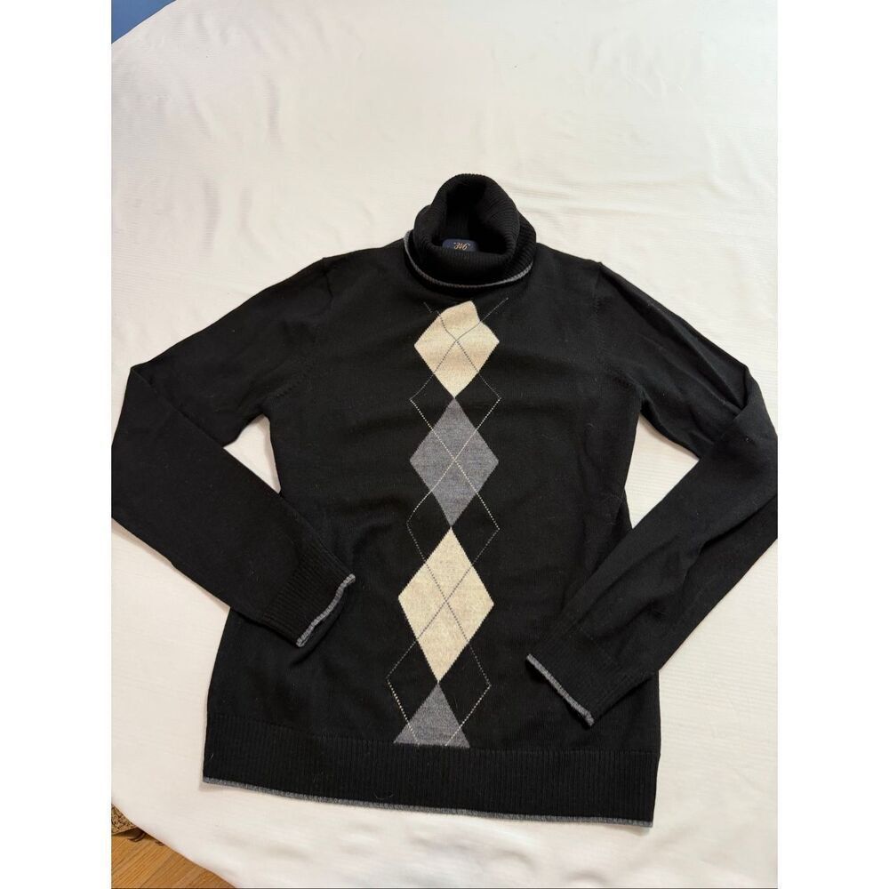 346 Brooks Brothers Merino Wool Black Argyle Turtleneck Sweater Size Small
